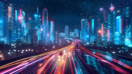 Fototapeta premium A vibrant cityscape at night with illuminated skyscrapers and a busy highway.