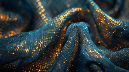 Satin fabric macro shot of threads, peaceful rhythms, gentle blue and gold hues, intricate patterns, soft texture.