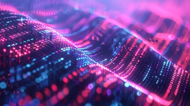 Futuristic network wallpaper with streams of binary code and neon lines in a digital landscape