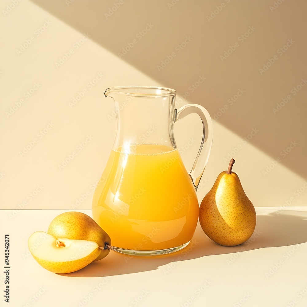 Poster elegant glass pitcher filled with fresh translucent pear juice placed at the center of a plain minim