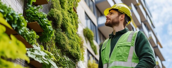 Male worker wearing a hi-vis vest and helmet inspecting a vertical green wall, emphasizing urban sustainability and green building practices.