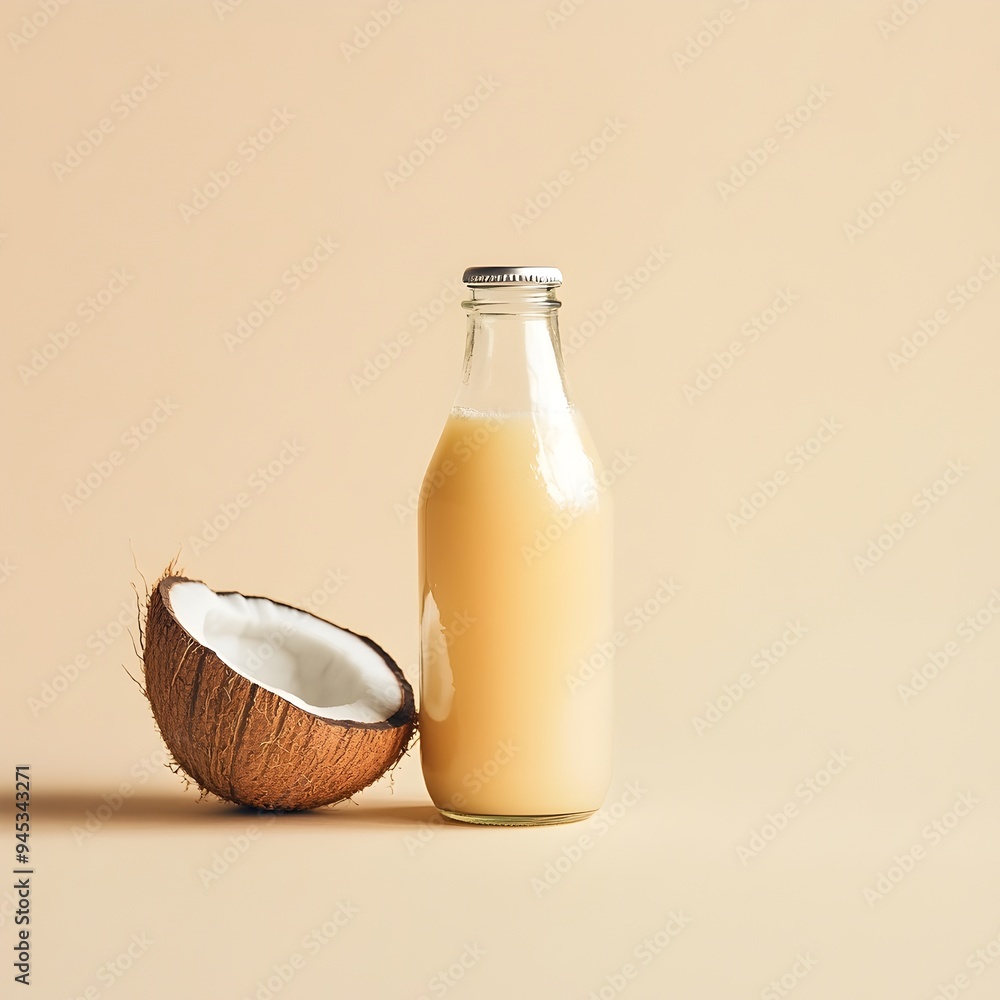 Aufkleber minimalist and clean studio shot of a glass bottle filled with refreshing coconut juice placed at th