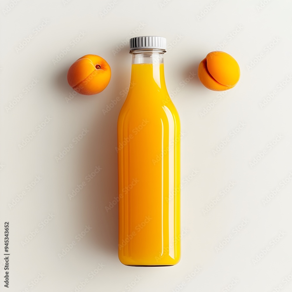 Poster crisp and vibrant bottle of freshly pressed apricot juice placed at the center of a light colored ba