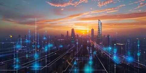 Fototapeta premium Smart City Neural Network: A breathtaking nightscape of a sprawling metropolis, illuminated by a vibrant network of interconnected nodes, symbolizing the power of technology and innovation.