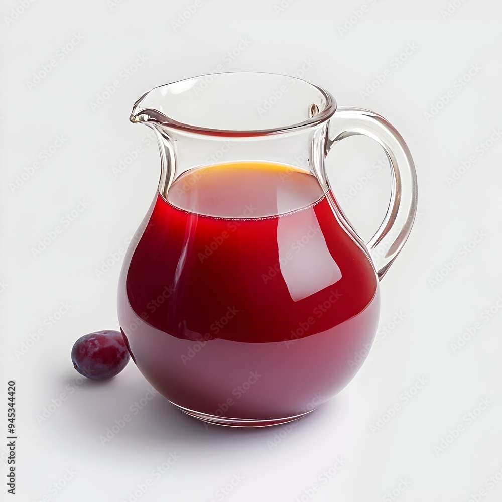 Poster a transparent glass pitcher filled with vibrant plum juice placed at the center of a plain minimalis