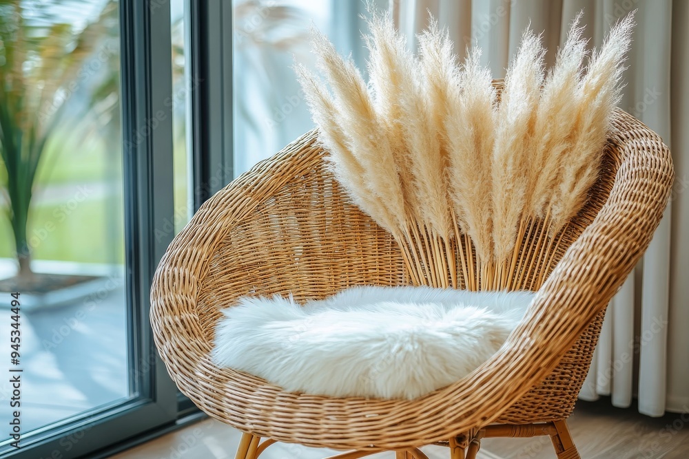 Poster rustic autumn chair with pampas grass and cozy textures creating a warm and inviting atmosphere in a