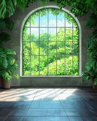 Bright indoor space with lush greenery visible through an elegant arched window, creating a serene and calming atmosphere.