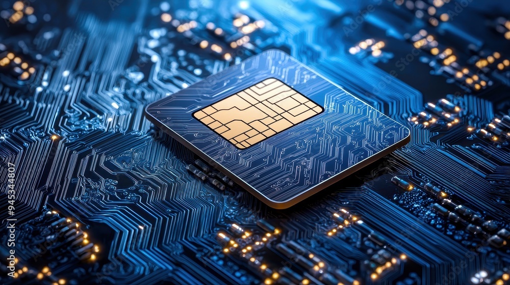 Poster high-tech close-up of a microchip on a circuit board, showcasing innovation in technology and digita