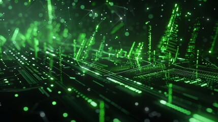 Futuristic green graphics and transparent charts floating in zero gravity against black background