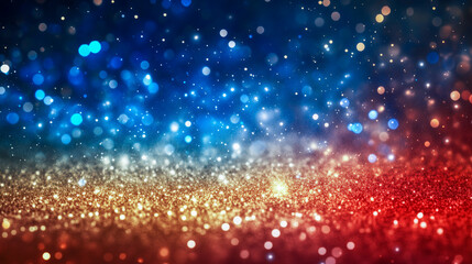 Sparkling glitter background in blue, gold, and red creates a festive and magical atmosphere.