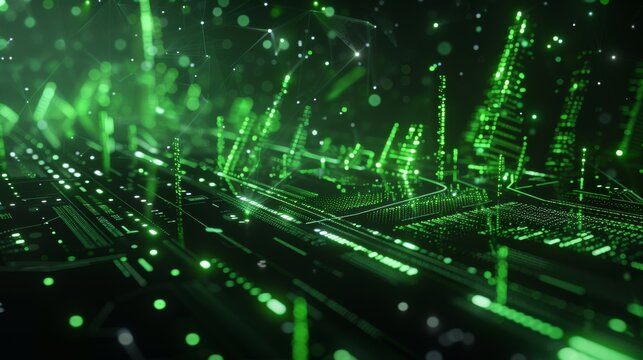 Futuristic green graphics and transparent charts floating in zero gravity against black background