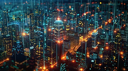 Fototapeta premium Smart City Neural Network: A breathtaking nightscape of a sprawling metropolis, illuminated by a vibrant network of interconnected nodes, symbolizing the power of technology and innovation.