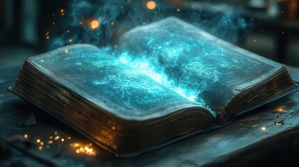 ancient grimoire projecting holographic spells and magical creatures arcane symbols morph into 3d illusions blending traditional mysticism with futuristic technology