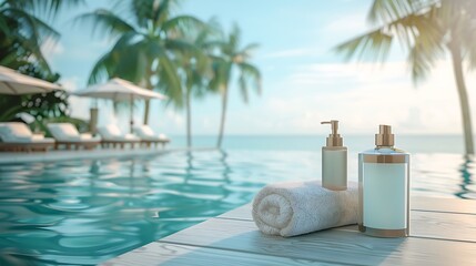 Fototapeta premium Relaxing Spa Day: Luxury Bath Products by the Pool