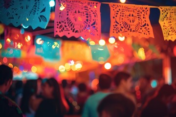 Colorful papel picado banners at a festive night event