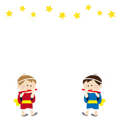 笛を吹いている浴衣姿の子どもたちのフレーム