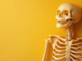 A chilling effect is created by the contrast between light and shadow in the eerie concept of a yellow bony outline of a skeleton against a dark background.
