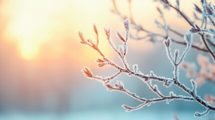 Obraz premium Frost covering the branches of a tree in the early morning, cold weather, winter beauty