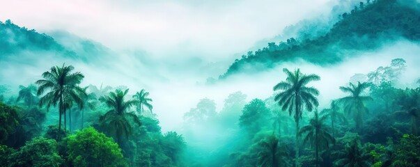 Morning mist rolling through a dense forest, foggy weather, mysterious ambiance