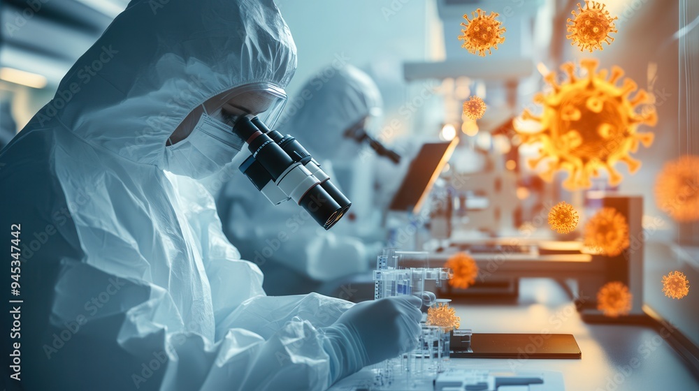 Aufkleber medical professionals in protective suits analyze viral samples using microscopes in a laboratory de