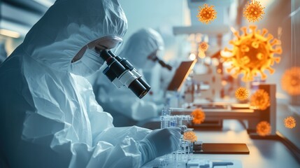Fototapeta premium Medical professionals in protective suits analyze viral samples using microscopes in a laboratory dedicated to managing disease outbreaks. Generative AI
