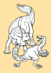 Carnivorous dinosaur Velociraptor attacks the Protoceratops. Battle between two dinosaurs to color in.