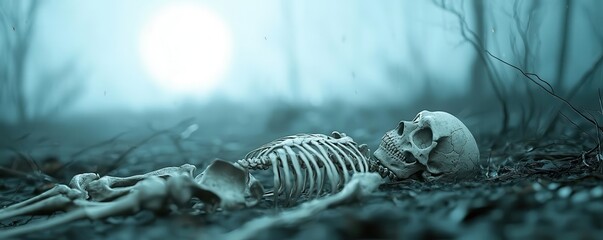 Mellow skeleton lying under a pale moon, a quiet and eerie night scene, the bones softly glowing in the darkness, fossil theme.