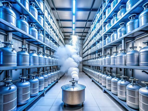 Frozen nitrogen vapor emanates from Dewar flasks containing frozen samples, stored in a modern laboratory's cryogenic storage facility, with rows of shelves and temperature gauges.