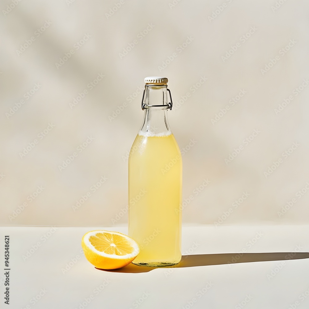 Poster captivating glass bottle filled with refreshing lemonade positioned centrally on a simple uncluttere