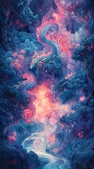 Obraz premium A mystical dragon emerges from luminous clouds, blending vibrant colors of blue, pink, and purple in a magical, enchanting landscape.