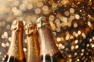 A luxurious close-up of champagne bottles with sparkling golden bokeh lights in the background, exuding elegance and celebration.