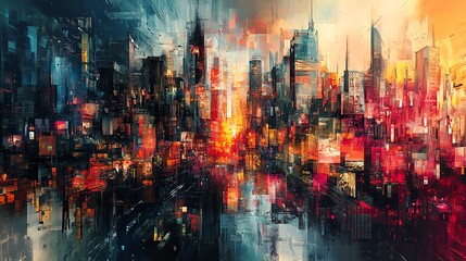 Fototapeta premium A vibrant abstract cityscape at sunset, featuring radiant colors and dynamic shapes, perfect for modern art enthusiasts.