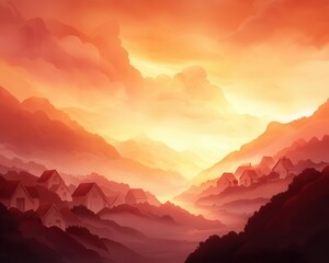 Obraz premium An atmospheric sunset over a coastal town, the sky ablaze with warm colors, a tranquil conclusion to a lively day, horizon concept.