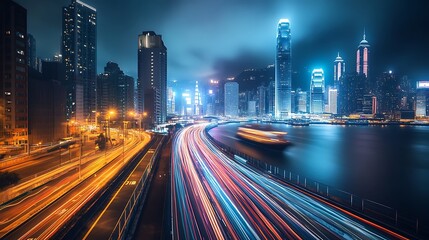 Obraz premium A night time view of a bustling city with towering skyscrapers illuminated with bright lights, a busy highway with light trails, and a river reflecting the city lights in the foreground.