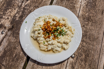 National dish of Slovakia - Bryndzove halusky (potato dough lumps with a sheep cheese and bacon)