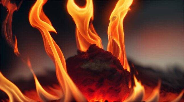 Abstract fire texture motion background. Yellow, red and orange flames glowing with hot burning. Explosion, nuclear bomb, flames burst on dark background.