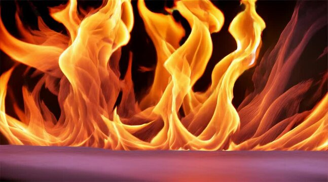 Abstract fire texture motion background. Yellow, red and orange flames glowing with hot burning. Explosion, nuclear bomb, flames burst on dark background.