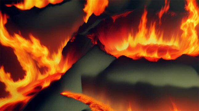 Abstract fire texture motion background. Yellow, red and orange flames glowing with hot burning. Explosion, nuclear bomb, flames burst on dark background.