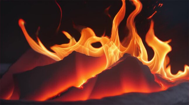 Abstract fire texture motion background. Yellow, red and orange flames glowing with hot burning. Explosion, nuclear bomb, flames burst on dark background.