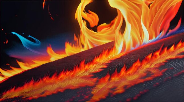 Abstract fire texture motion background. Yellow, red and orange flames glowing with hot burning. Explosion, nuclear bomb, flames burst on dark background.