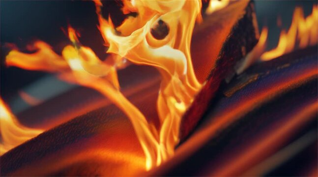 Abstract fire texture motion background. Yellow, red and orange flames glowing with hot burning. Explosion, nuclear bomb, flames burst on dark background.