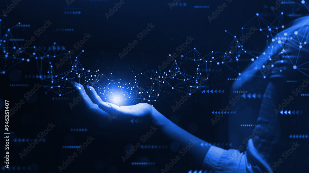 Fototapete ai virtual technology.hand holding global network connection. internet communication, wireless conne