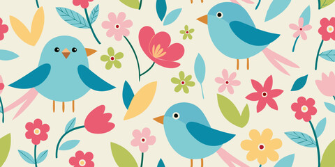 seamless pattern with birds and flowers