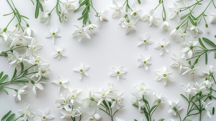 beautiful white lilies and snowdrops on a white delicate background, copy space, place for text