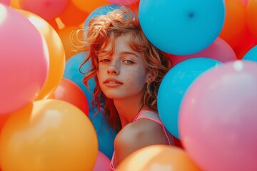 Obraz premium Freckled girl surrounded by vibrant balloons, embodying a playful and carefree spirit.