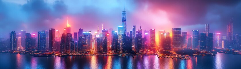 Obraz premium A breathtaking skyline view featuring vibrant colors and stunning architecture illuminated by city lights at dusk.