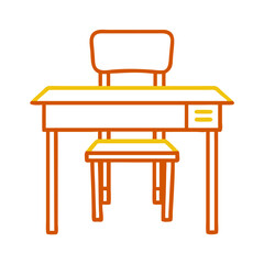 School desk and chair illustration, classroom furniture, orange and yellow design