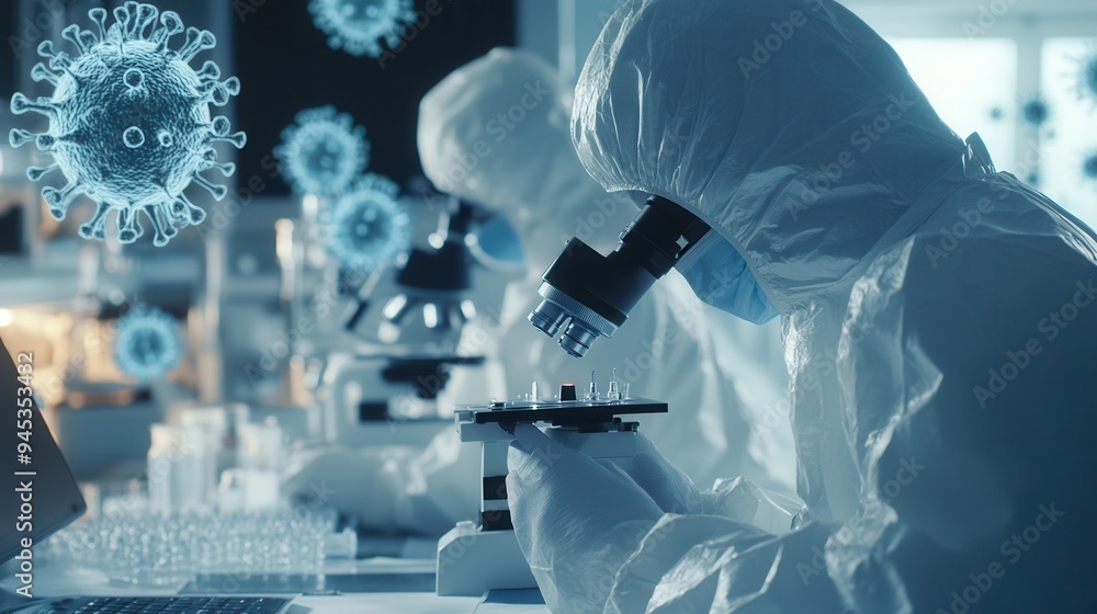 Aufkleber medical professionals in protective suits examine viruses under a microscope in a laboratory focused