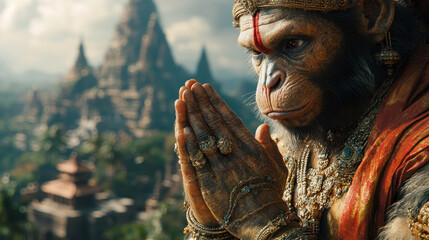 A detailed scene of Hanuman journey to the Himalayas to fetch the Sanjeevani herb, with a focus on his determination and strength.