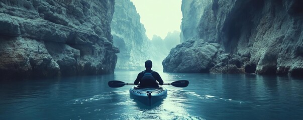 A kayaker paddling through a narrow gorge with steep cliffs rising on either side, dynamic shot,...